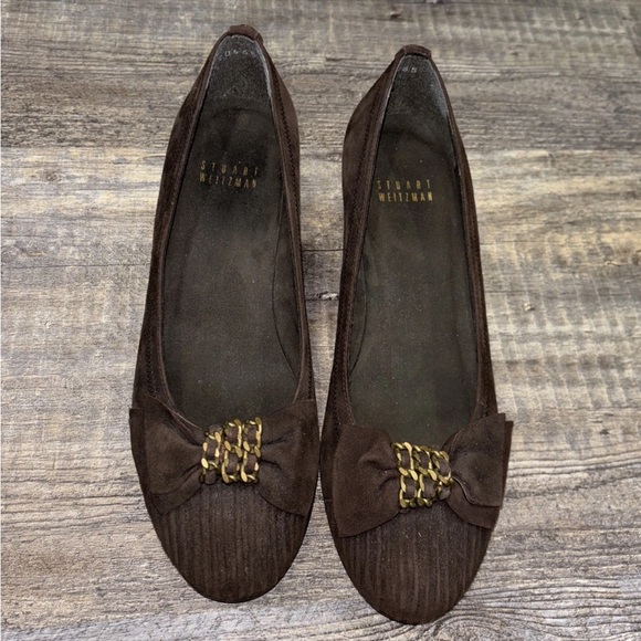 Stuart Weitzman Brown Suede Flats with Bow Detail - Picture 1 of 5